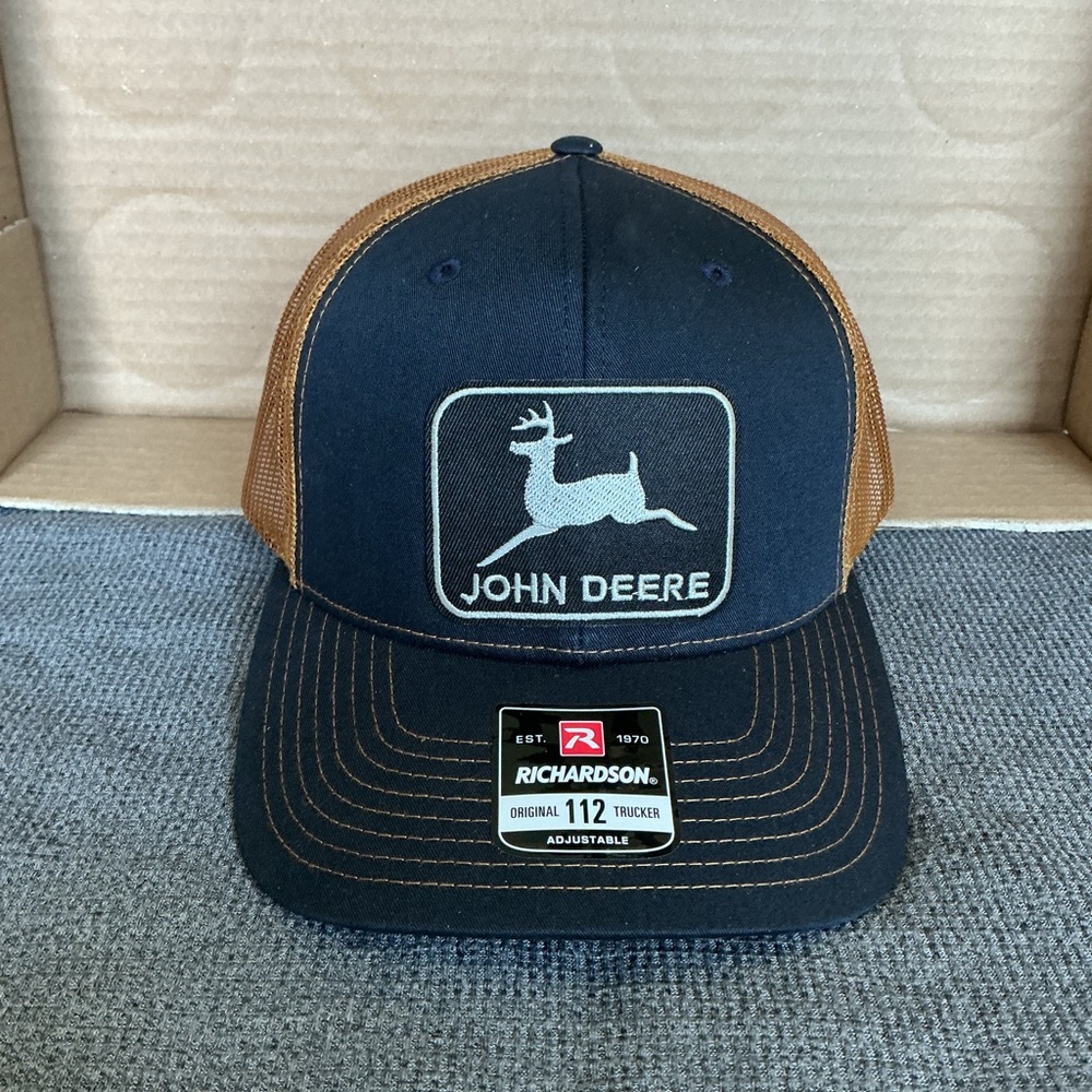 John Deere Richardson 112 SnapBack Mesh Trucker Hat with USA flag Navy & Caramel